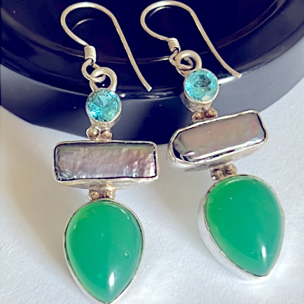 925.S Silver Blue Topaz ,Green Jade and Mother of Pearl Dangle Earrings
